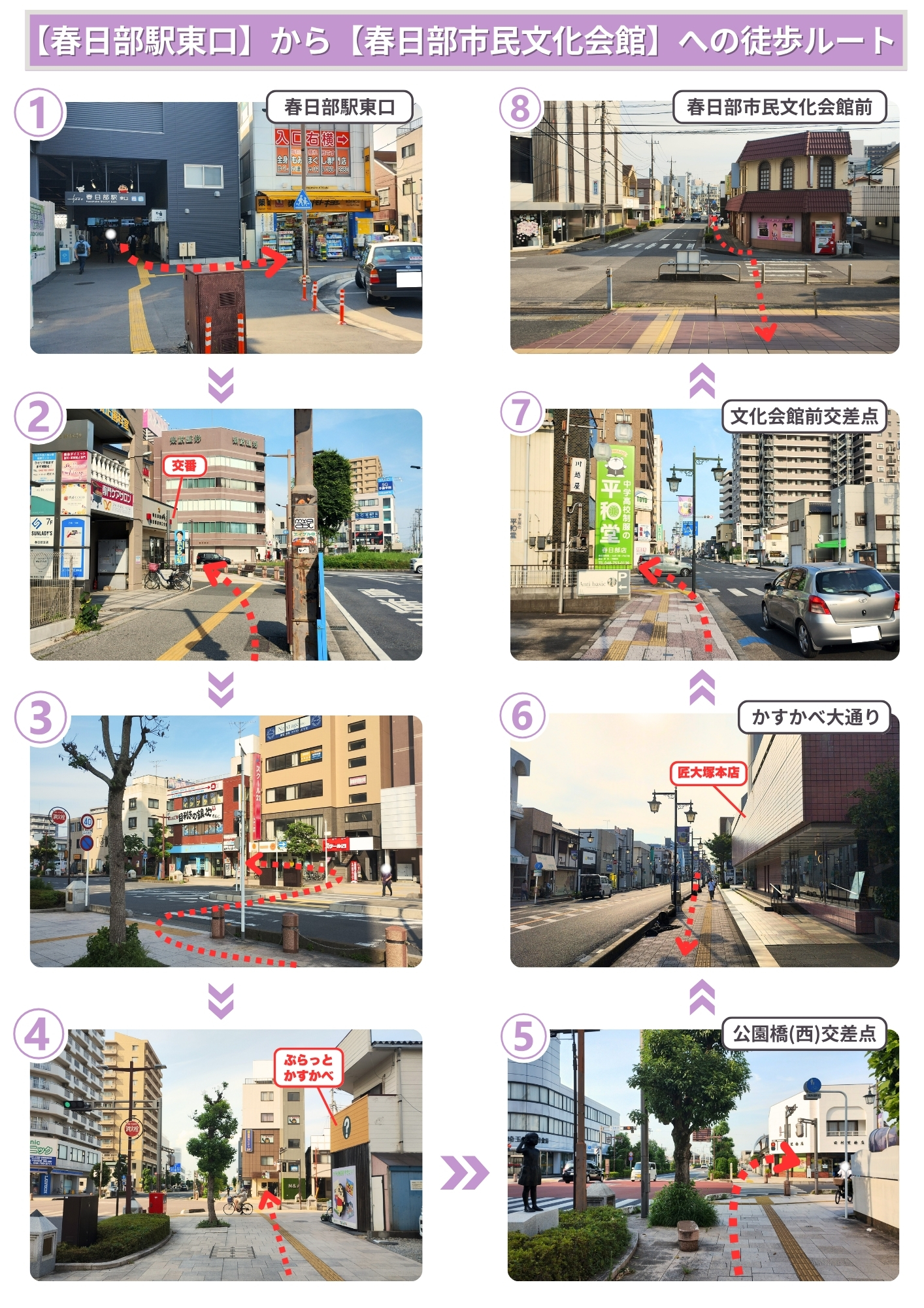 春日部駅東口から市民文化会館までの徒歩ルート