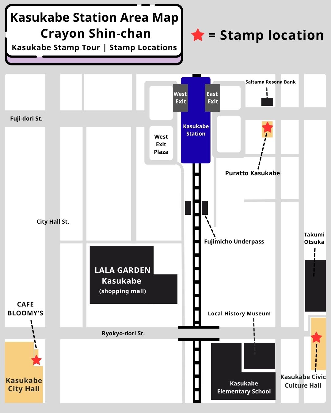 Kasukabe Station area map showing stamp locations at Puratto Kasukabe, Kasukabe City Hall, and Kasukabe Civic Culture Hall